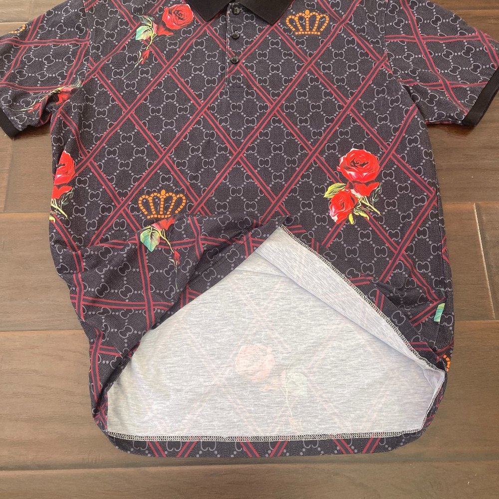 Pavini Men's Polo Shirt Black Short Sleeves Red Roses Crown Size XL - Picture 3 of 9